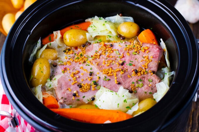 Slow cooker corned beef and veggies.