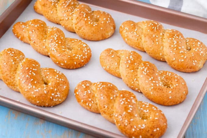 Easter Greek Cookies Koulourakia on a baking sheet.