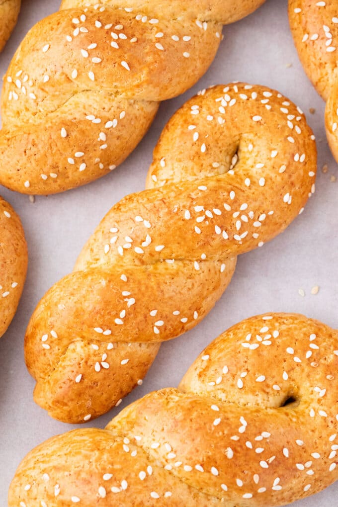 Overhead shot of crisp Easter Greek Cookies Koulourakia.