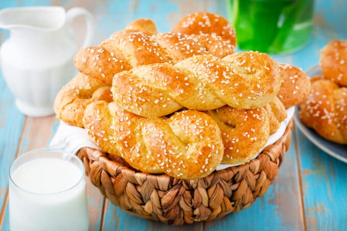 A basket of Easter Greek Cookies Koulourakia.