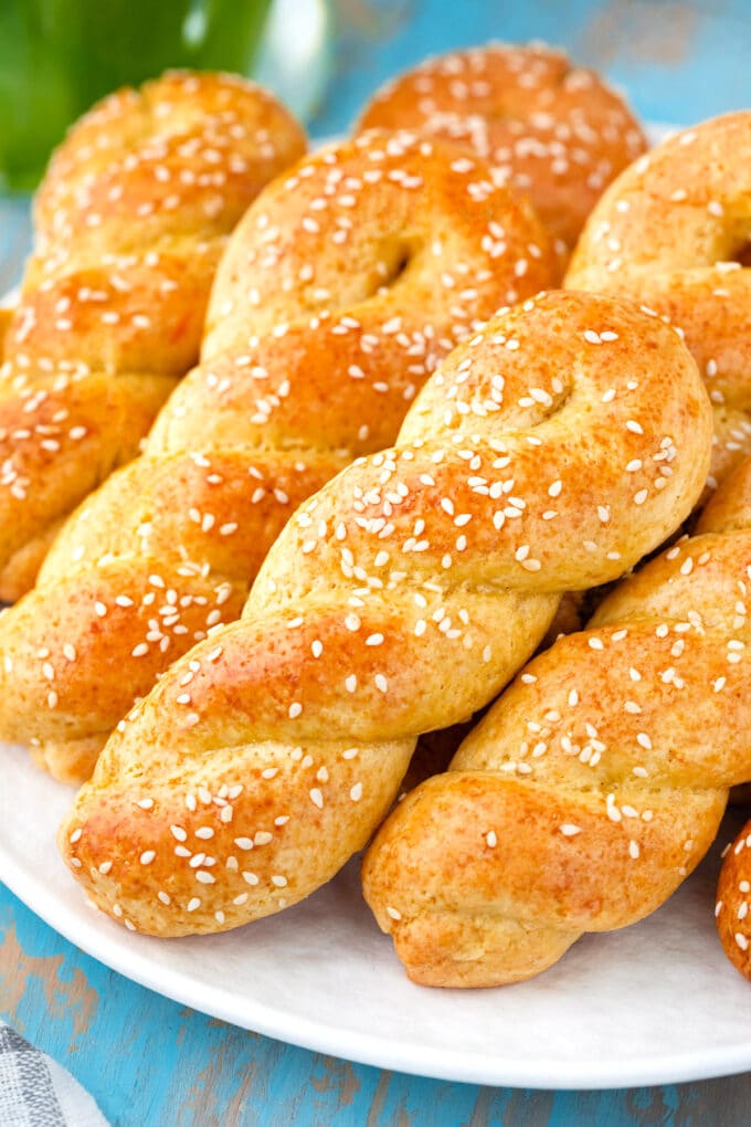 Easter Greek Cookies Koulourakia topped with sesame seeds.