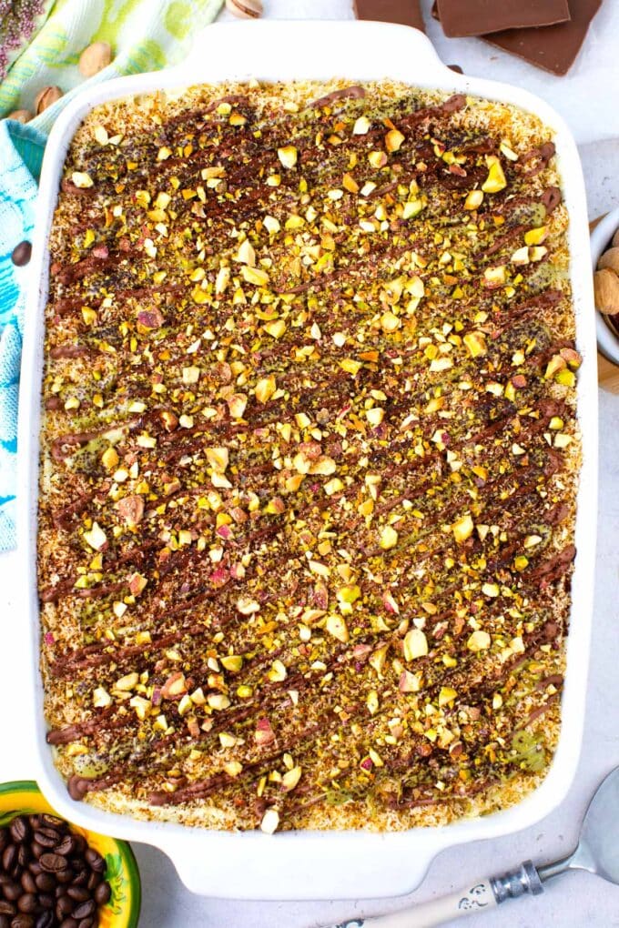 Overhead shot of Dubai chocolate tiramisu.