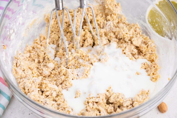 Whisking pistachio coffee cake batter.