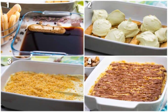 Collage of four photos with the steps of how to make Dubai chocolate tiramisu.