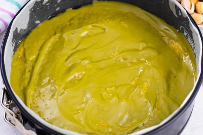 Pistachio spread layer in pistachio coffee cake.