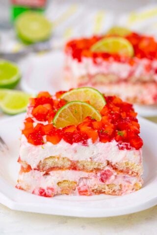 A slice of homemade creamy strawberry margarita tiramisu.