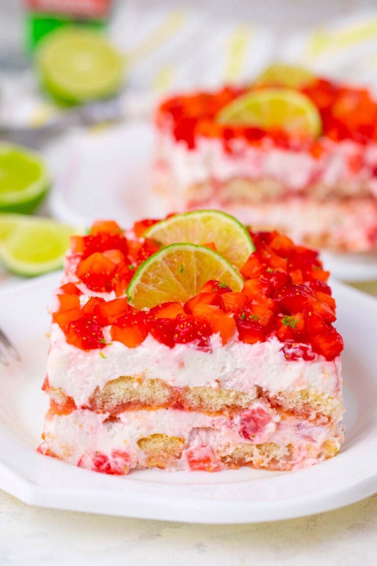 A slice of homemade creamy strawberry margarita tiramisu.