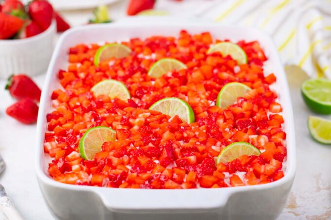 A casserole with creamy strawberry margarita tiramisu.