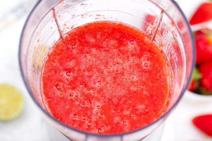 Strawberry sauce in a blender.