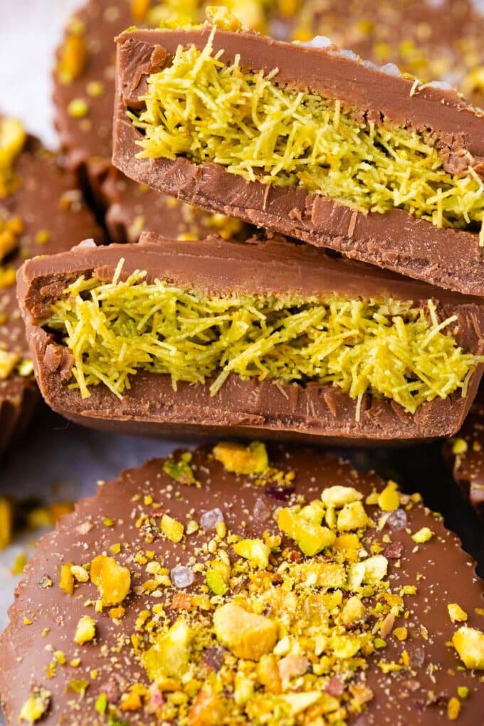 Dubai chocolate pistachio cups with crunchy pistachio kataifi filling.