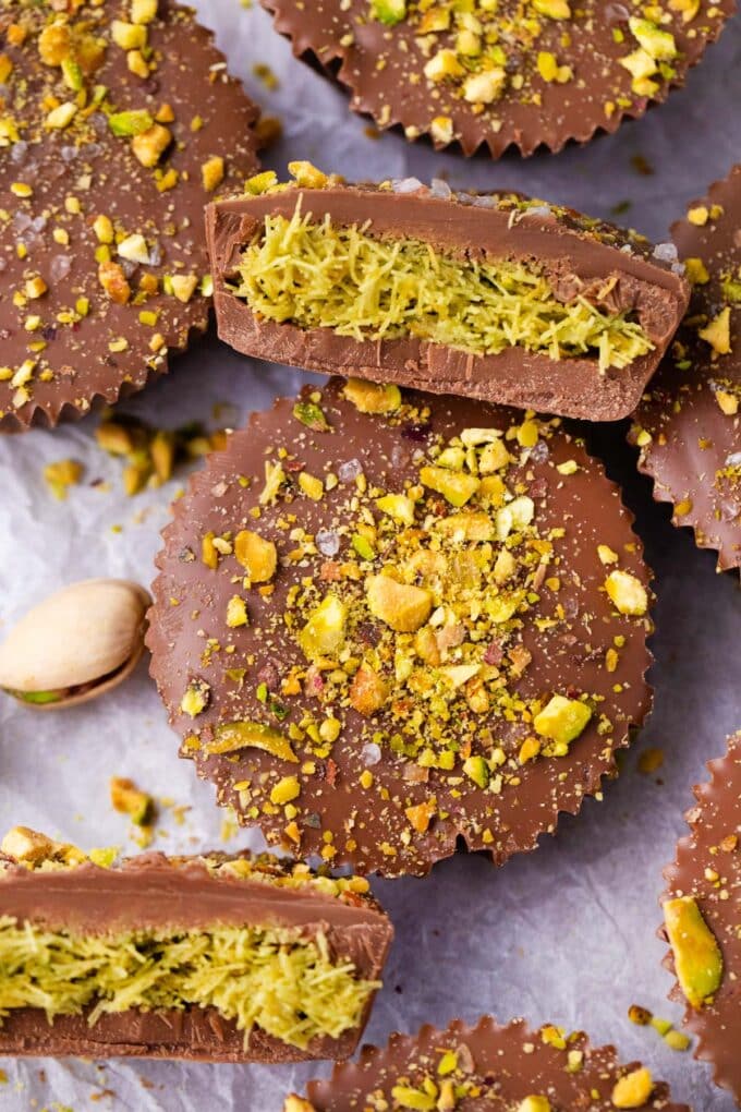 Dubai chocolate pistachio cups topped with pistachios and sea salt.