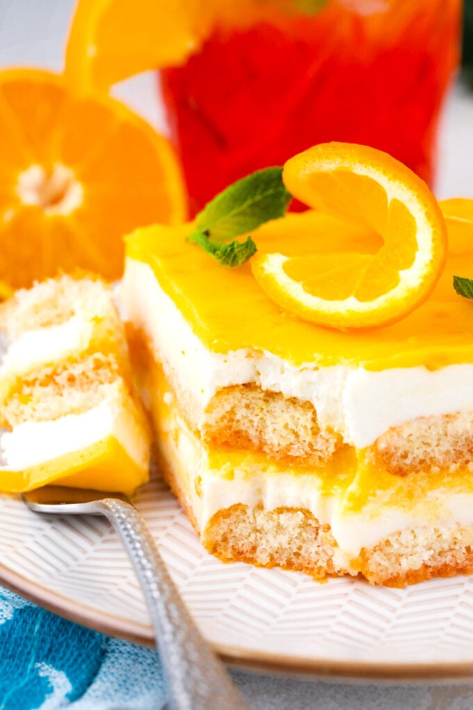Close shot of Aperol spritz tiramisu slice.