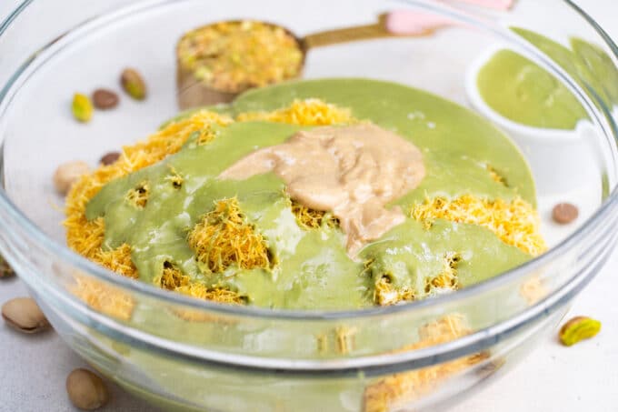 Dubai chocolate pistachio cups filling in a bowl.