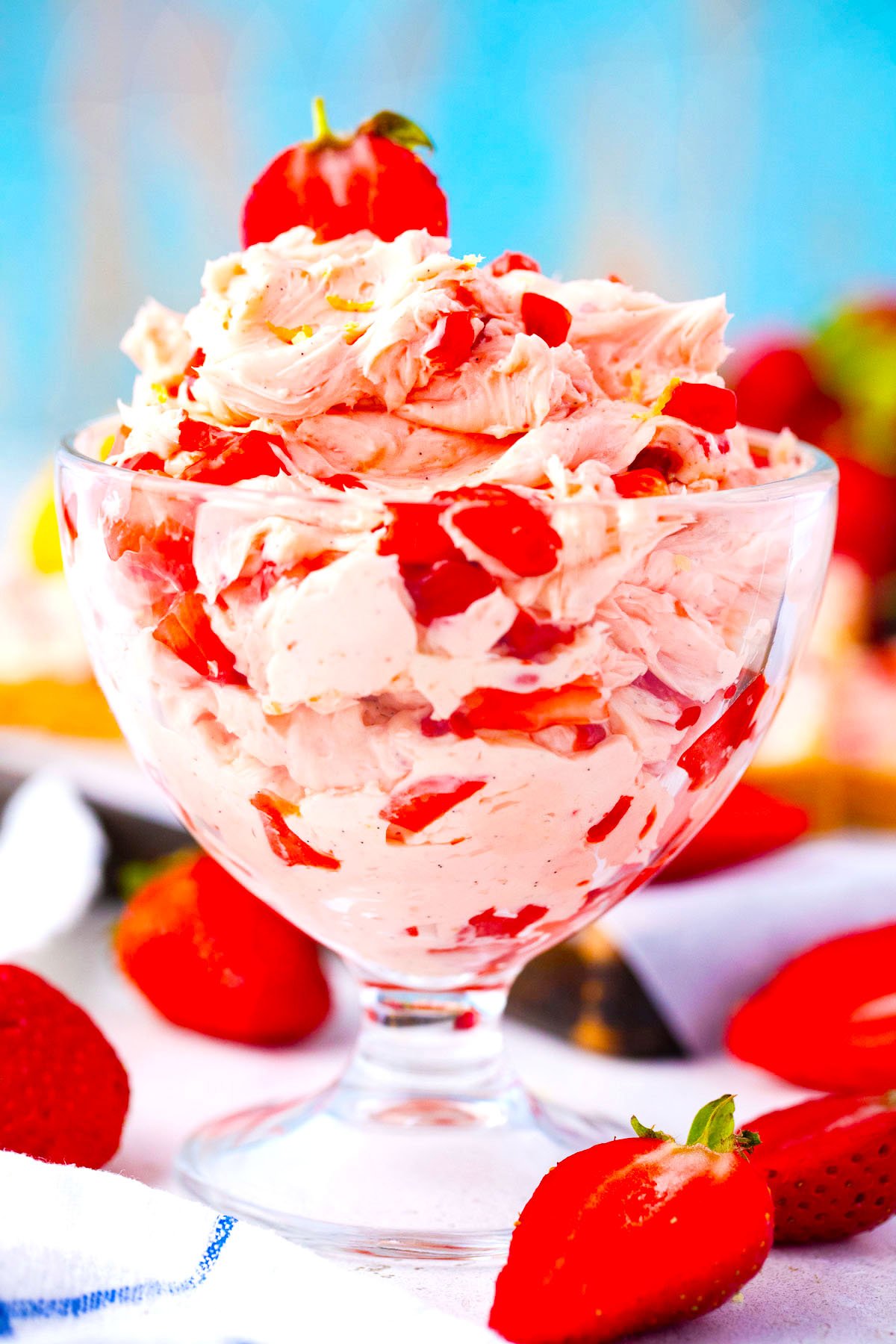 Whipped strawberry butter in an ice cream bowl.