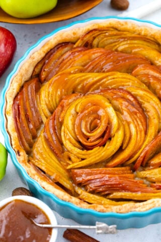 Overhead shot of apple tart in a rose pattern.