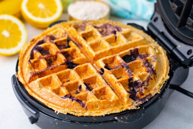 Blueberry gluten free cottage cheese banana waffle on a waffle maker.