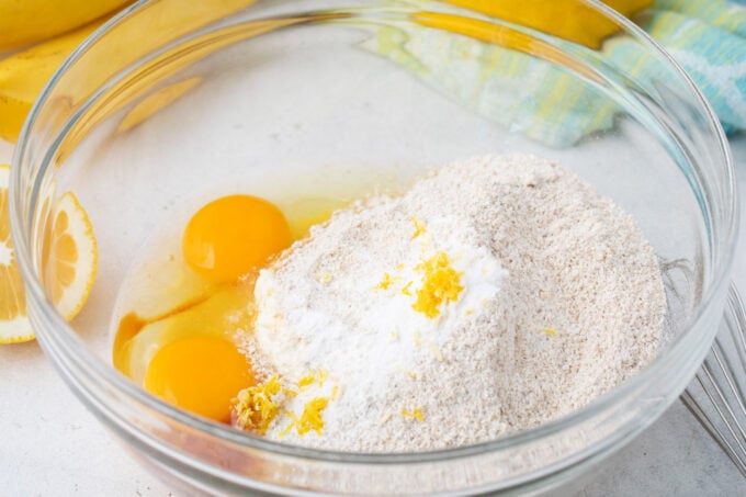 Oat flour and eggs in a bowl.