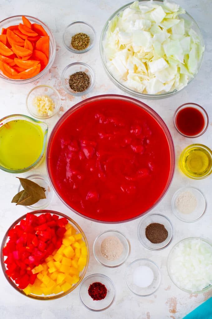 Overhead shot of Instant Pot Cabbage Soup recipe ingredients.
