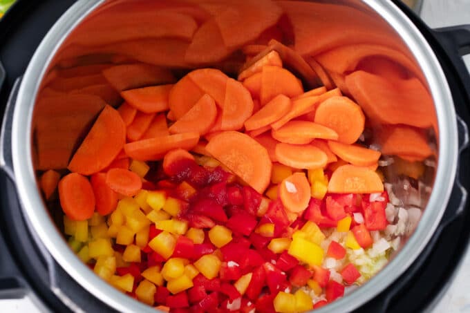 Instant Pot Cabbage Soup ingredients in the pot.
