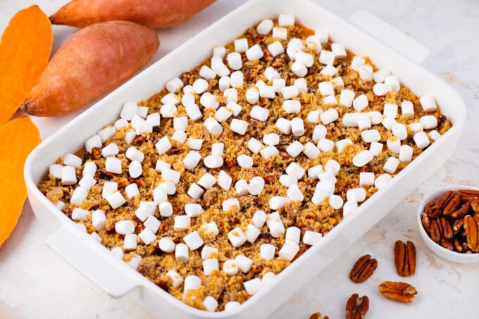 Assembled sweet potato casserole before baking it.