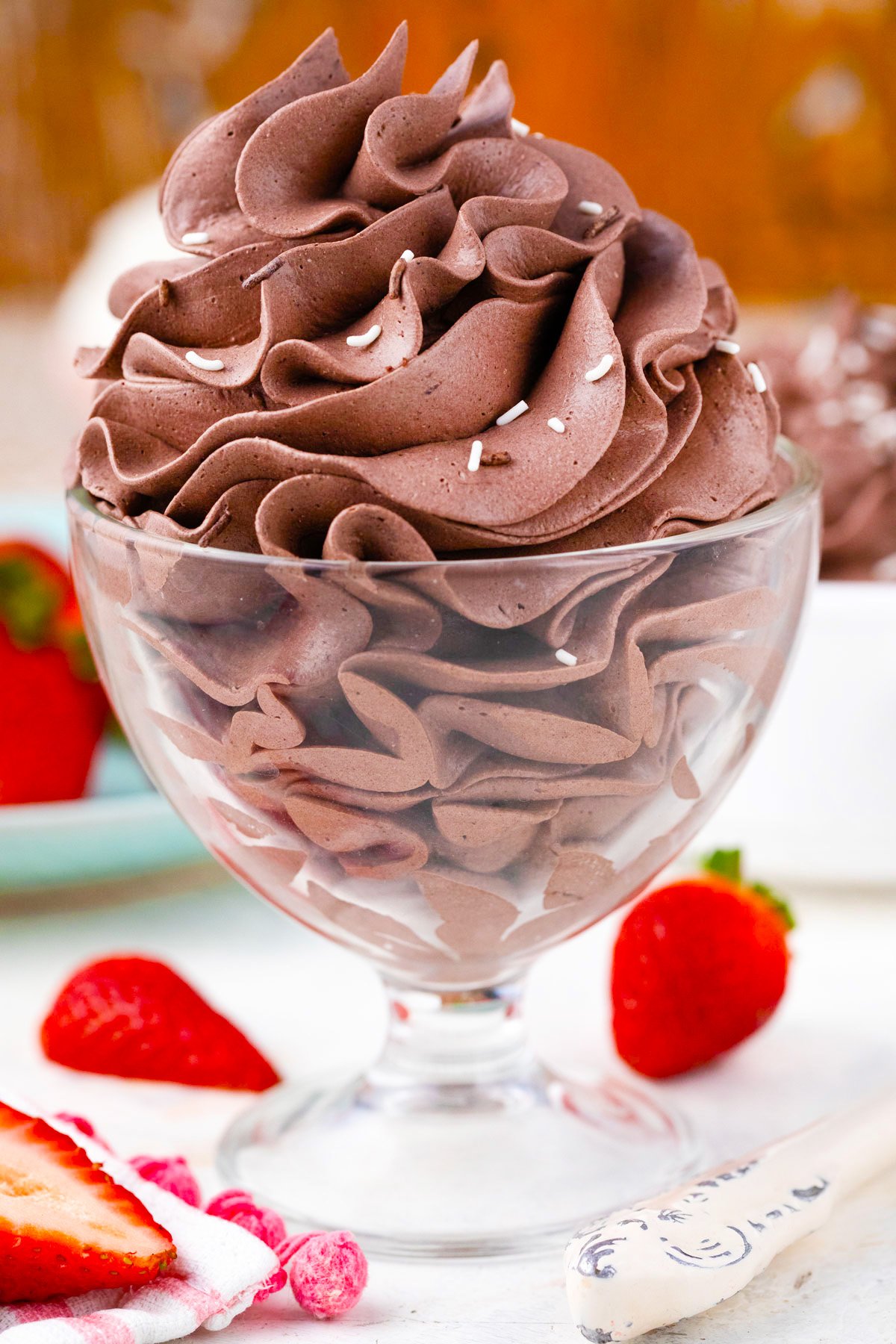 Fluffy chocolate whipped cream in an ice cream bowl.