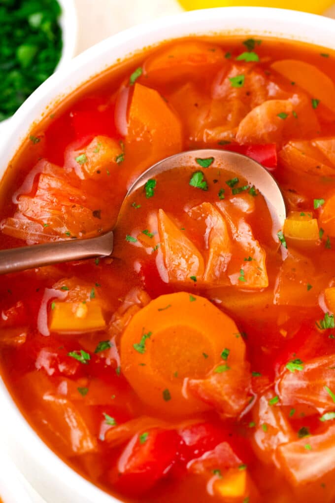 Close shot of veggie loaded Instant Pot Cabbage Soup