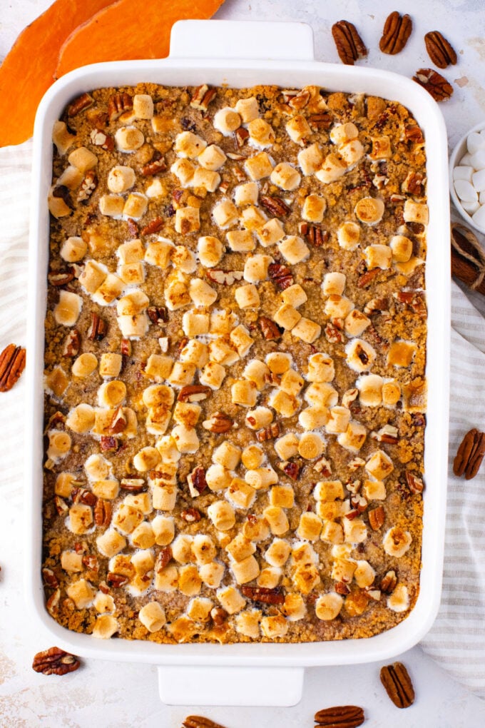 Overhead shot of homemade sweet potato casserole topped with toasted marshmallows.