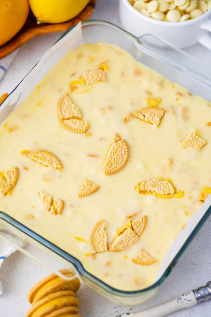 Overhead shot of lemon Oreo fudge in a baking dish.
