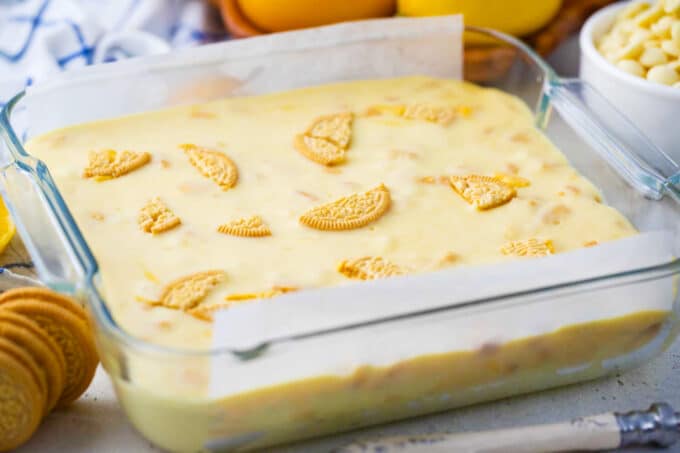 Lemon Oreo fudge in a 9x9 baking dish.
