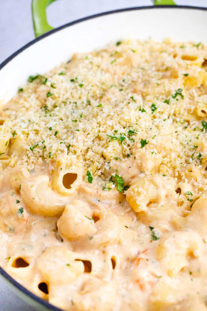 Baking four cheese shrimp mac and cheese.