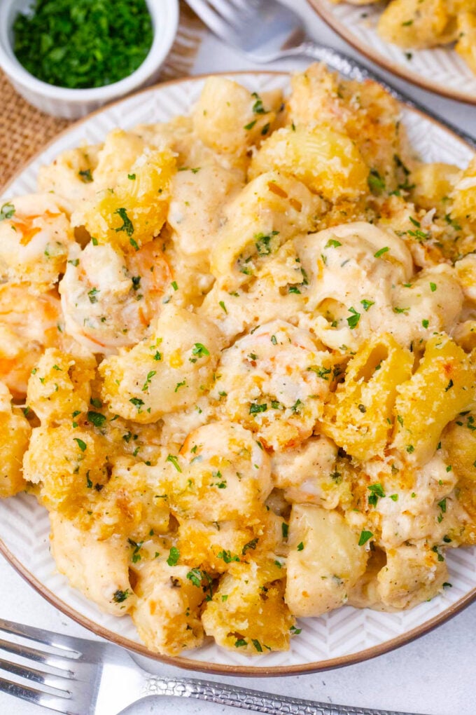 Overhead shot of shrimp mac and cheese.