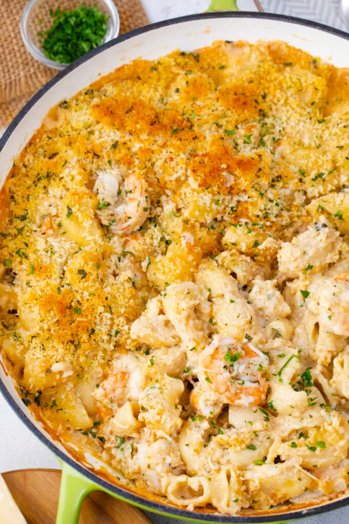 Homemade shrimp mac and cheese.