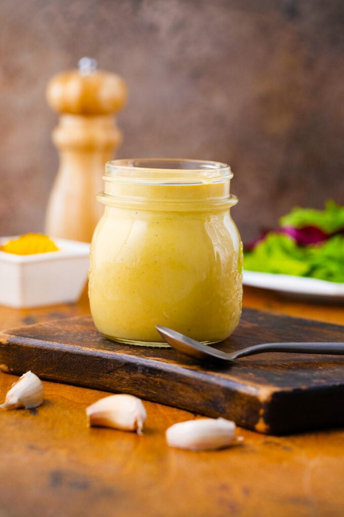 A jar of homemade honey mustard sauce.