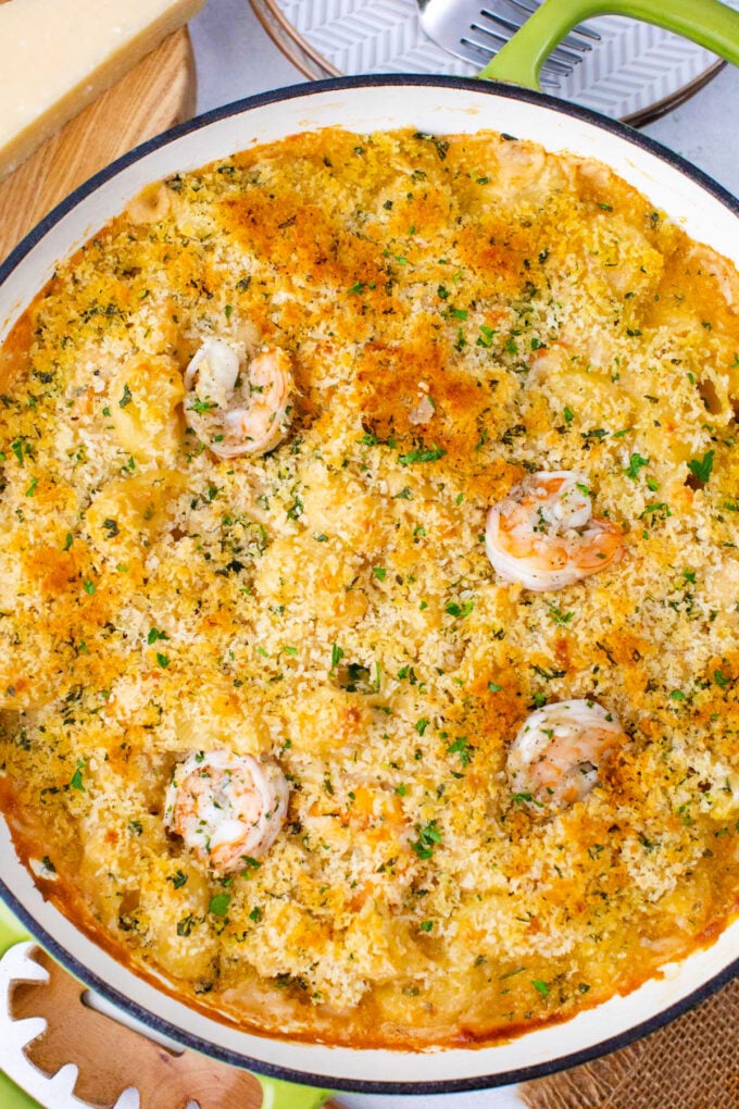 Overhead shot of shrimp mac and cheese with crispy topping.