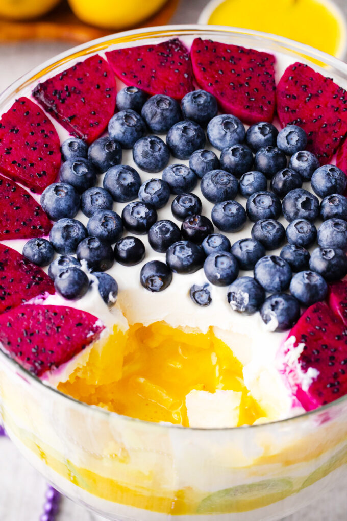 Mardi Gras trifle with lemon curd.