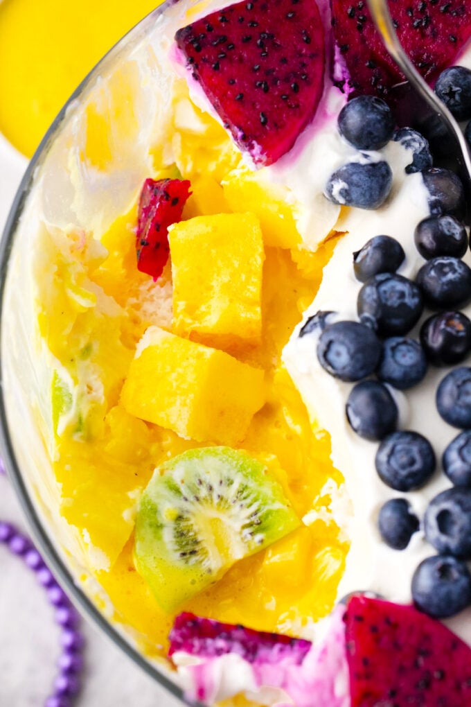 Homemade Mardi Gras trifle with lemon curd and pineapple.