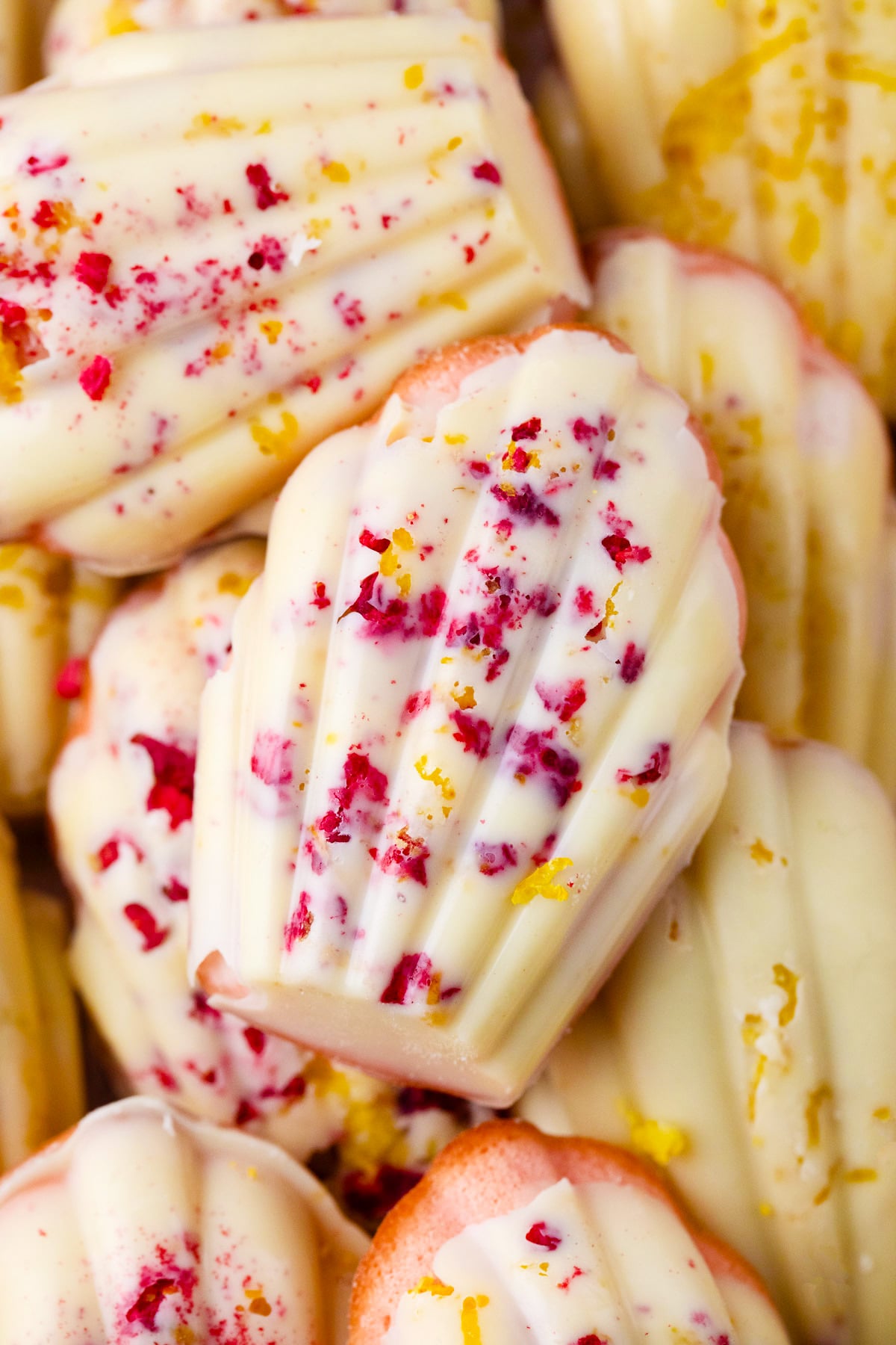Homemade strawberry madeleines with white chocolate.