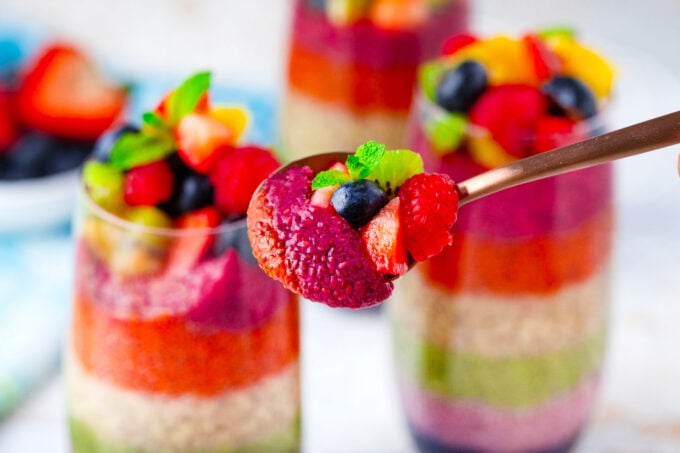 A spoonful of rainbow chia pudding parfait.