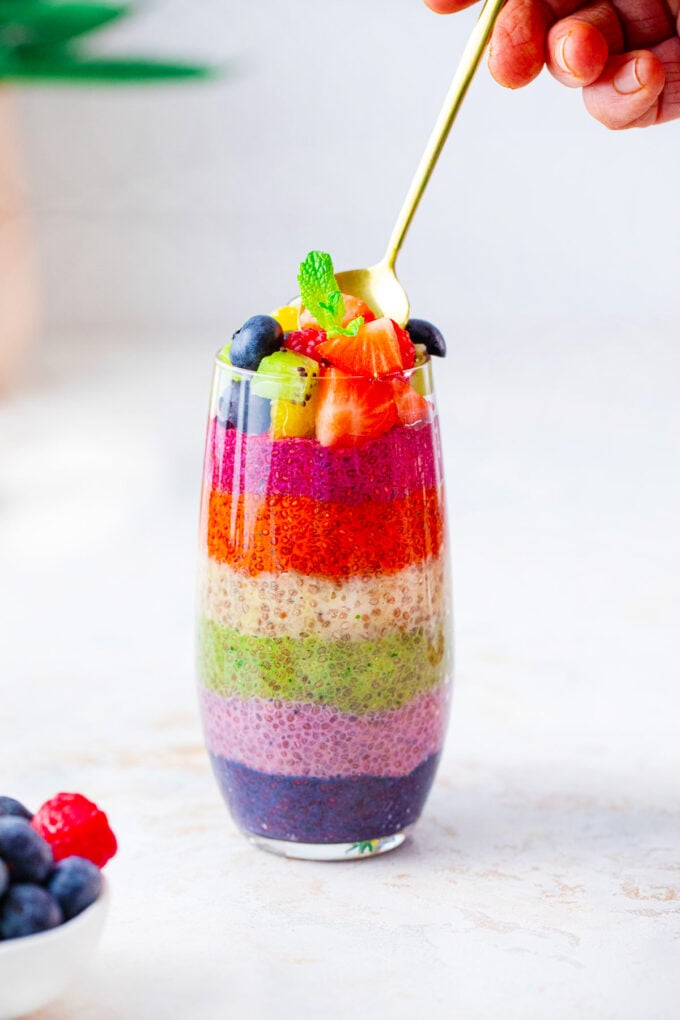 Vegan rainbow chia pudding parfait.