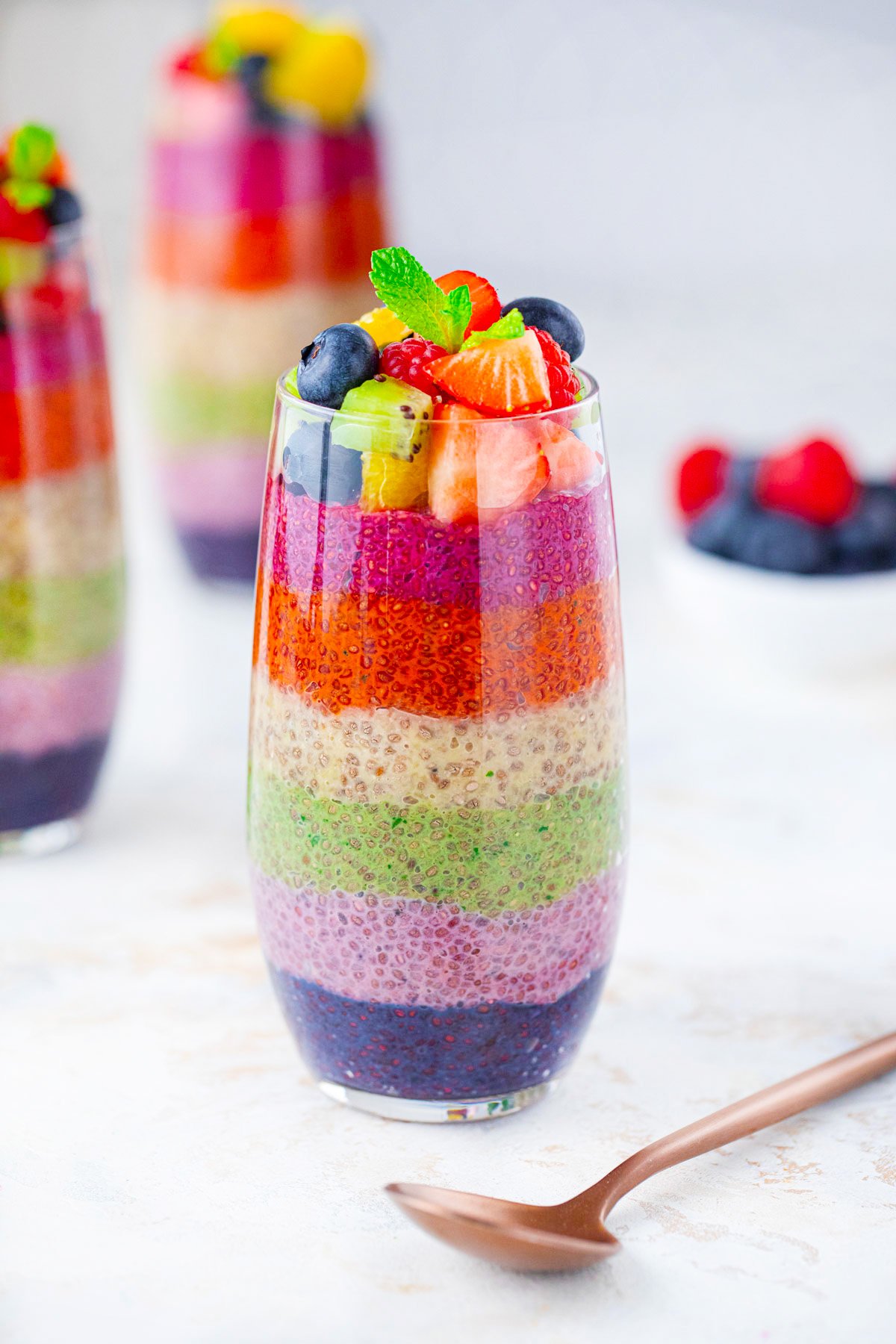 Homemade rainbow chia pudding parfaits.