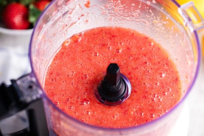 Strawberry puree in a blender.