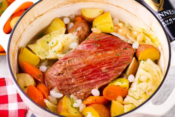 Dutch oven corned beef with beer and veggies.