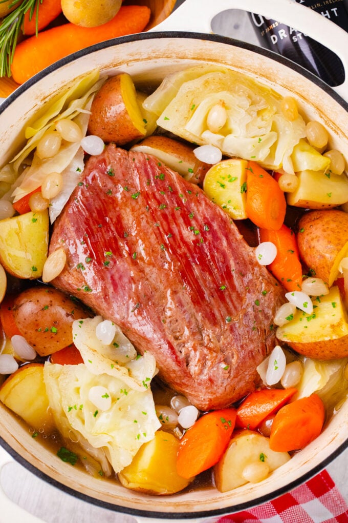 Homamade Dutch oven corned beef with beer and veggies.