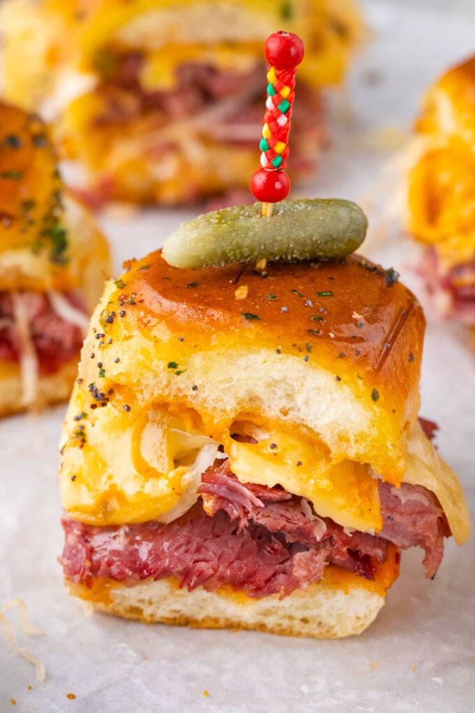 Cheesy corned beef sliders.