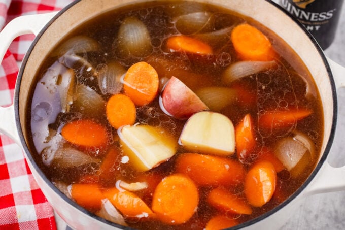 Dutch oven corned beef with veggies.