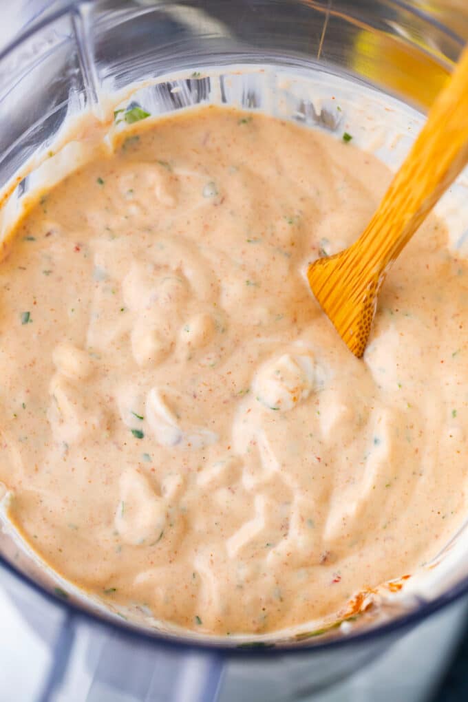 Homemade chipotle sauce in a blender.