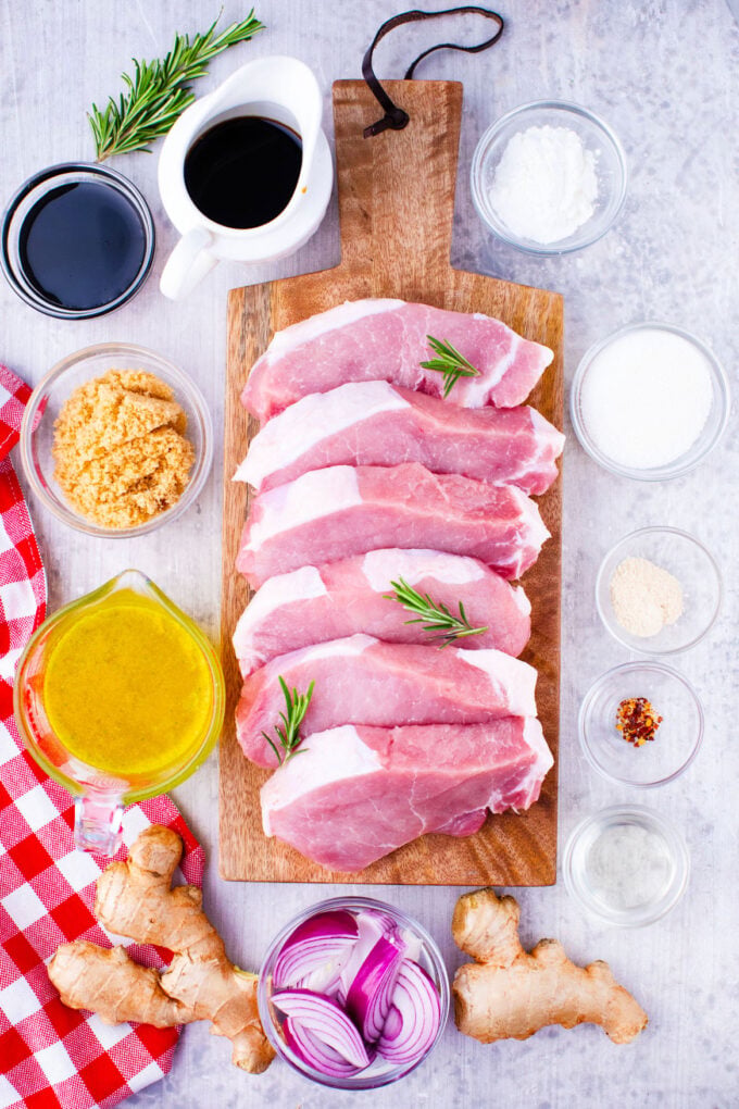 Overhead shot of General Tso pork chops recipe ingredients arranged on a table.