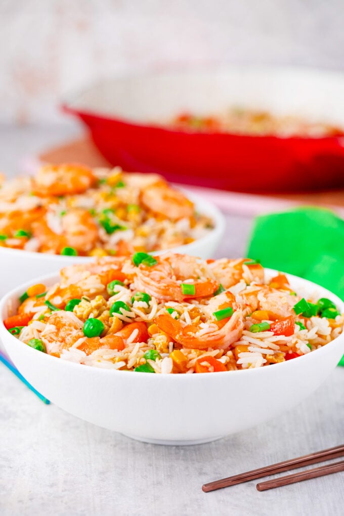 A bowl of homemade shrimp fried rice.
