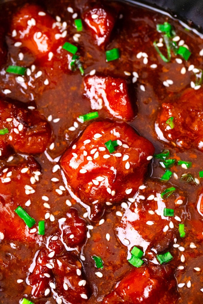 Close shot of crockpot sesame chicken.