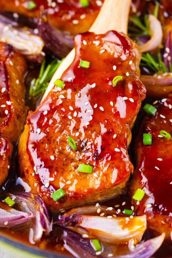 Close shot of General Tso pork chops.